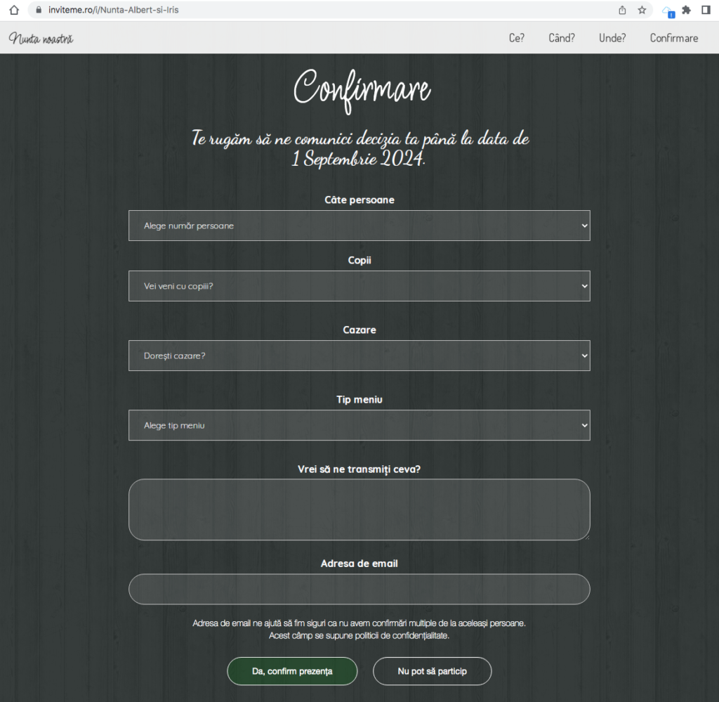 Formular de confirmare invitatii online - www.inviteme.ro